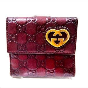Gucci Burgundy Bifold Wallet Guccissima Lovely Heart French Flap Compact Wallet